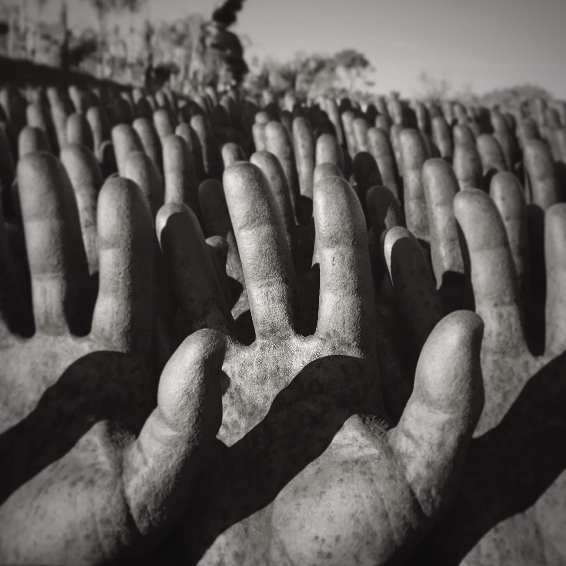 Stone hand sculptures arranged in rows in black and white