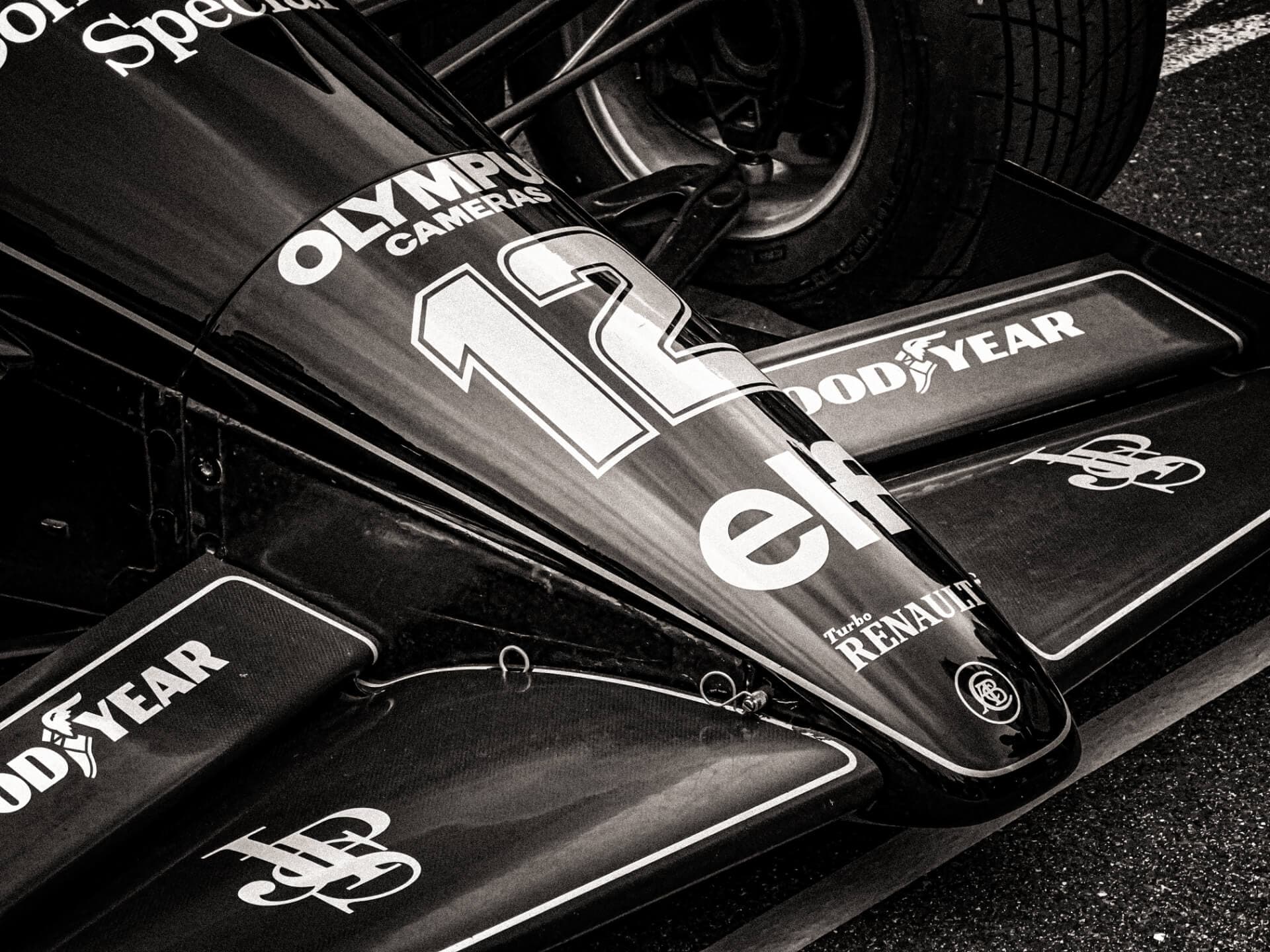 Classic Lotus F1 car nose with number 12 and sponsor logos