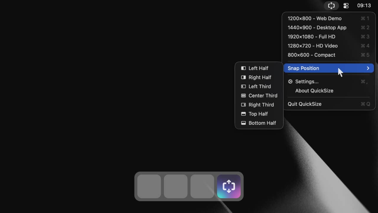 QuickSize app showing window presets and snap positions
